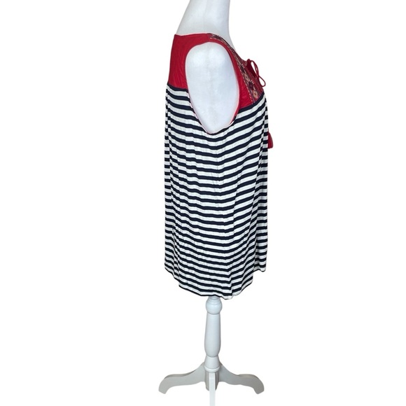 Hannah Blue White Stripe Red Boho Sleeveless Top Tassels Embroidery Large NWT - Picture 3 of 9